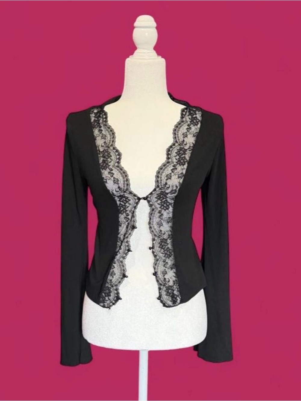 Y2K Style Witchy Black Lace-Trim Ribbed Cardigan with Bell Sleeves | Whimsigoth